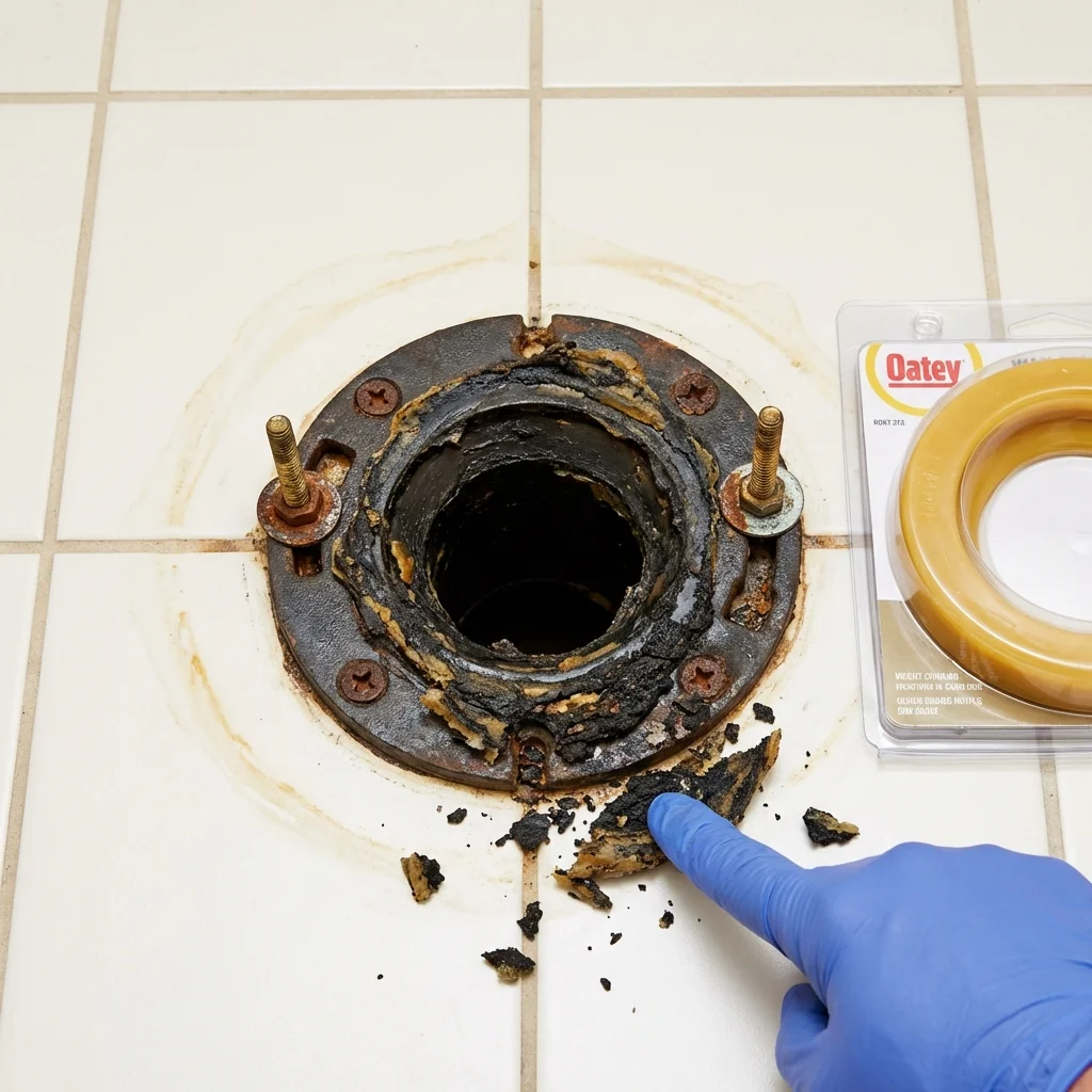 Failed wax ring showing water seepage at the base of a toilet in a Marietta, PA home