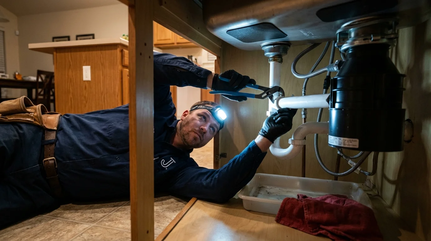 P-trap and supply line connections under a kitchen sink showing a common leak point in Marietta, PA